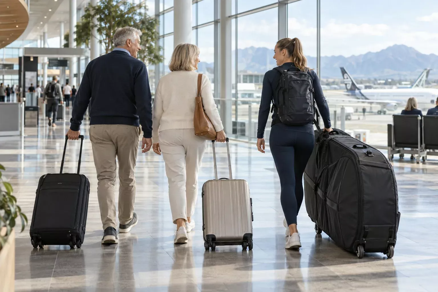 Travellers walking through an airport with luggage Travellers walking through an airport with luggage